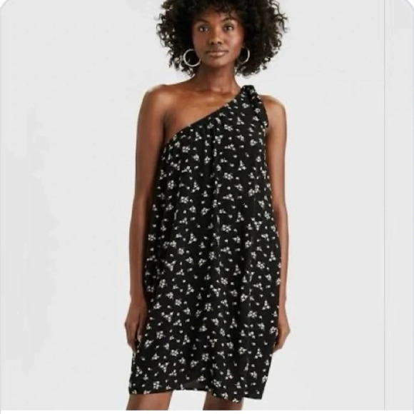 American Eagle One Shoulder Boho Black Floral Dress with Pockets L - Picture 1 of 14
